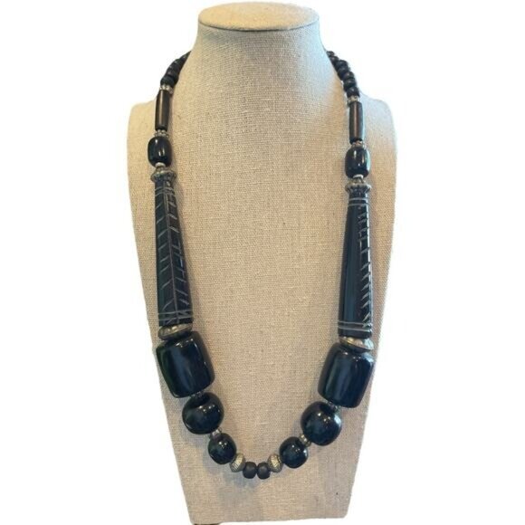 Vintage Black Beaded Necklace With Geometric Design & Lobster Clasp - Picture 1 of 5